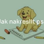A happy golden retriever puppy sitting on a sketchpad with pencils and erasers around, playful and simple illustration style.