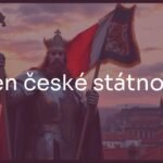 Saint Wenceslas in medieval armor, holding a banner with Czech lion symbol, sunset over Prague Castle, historical and patriotic atmosphere, realistic style.