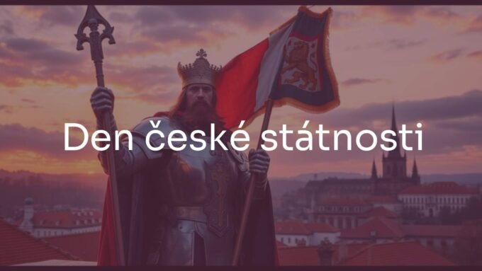 Saint Wenceslas in medieval armor, holding a banner with Czech lion symbol, sunset over Prague Castle, historical and patriotic atmosphere, realistic style.