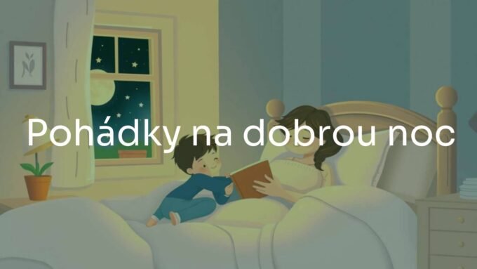 A cozy bedtime scene with a parent reading a fairy tale book to a child, warm lighting, soft blankets, stars and moon in the background, dreamy and peaceful atmosphere, illustrative style.