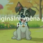 A playful dog with a unique name tag, sitting in a park, bright and cheerful atmosphere, cartoon-style.