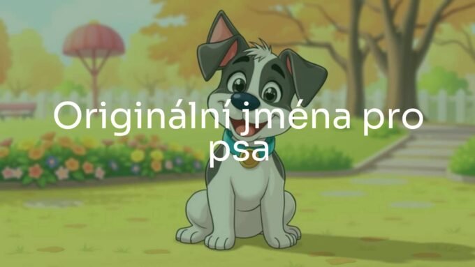 A playful dog with a unique name tag, sitting in a park, bright and cheerful atmosphere, cartoon-style.