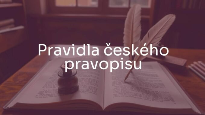 An open book with Czech text, quill pen and inkwell on a wooden desk, warm lighting, educational and classic vibe.