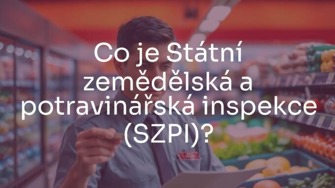 An inspector checking food quality in a supermarket, wearing a uniform with SZPI logo, serious and professional atmosphere, realistic style.
